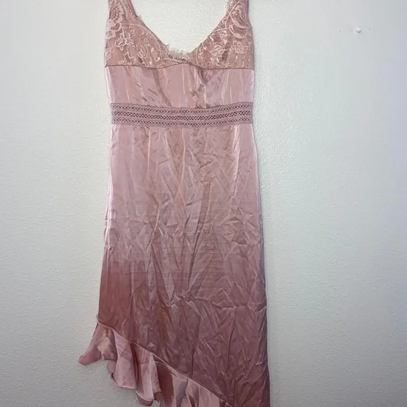 Pink Satin Slant Slip Dress with Eyelash Lace Trim